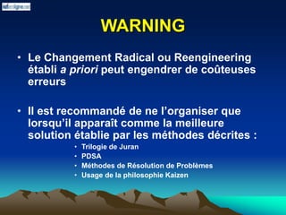 WARNING
• Le Changement Radical ou Reengineering
établi a priori peut engendrer de coûteuses
erreurs
• Il est recommandé de ne l’organiser que
lorsqu’il apparaît comme la meilleure
solution établie par les méthodes décrites :
• Trilogie de Juran
• PDSA
• Méthodes de Résolution de Problèmes
• Usage de la philosophie Kaizen
 