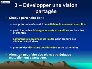 3 – Développer une vision
partagée
• Chaque partenaire doit :
– comprendre la nécessité de satisfaire le consommateur final
– participer à des échanges ouverts et candides sur besoins
et attentes
– comprendre le business de l’autre pour prendre des
décisions équitables
– prendre des décisions coordonnées entre partenaires
• Alors, on peut faire des plans stratégiques
mutuellement avantageux
 