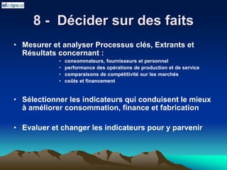 8 - Décider sur des faits
• Mesurer et analyser Processus clés, Extrants et
Résultats concernant :
• consommateurs, fournisseurs et personnel
• performance des opérations de production et de service
• comparaisons de compétitivité sur les marchés
• coûts et financement
• Sélectionner les indicateurs qui conduisent le mieux
à améliorer consommation, finance et fabrication
• Evaluer et changer les indicateurs pour y parvenir
 
