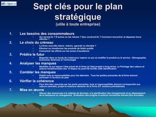 Sept clés pour le plan
stratégique
(utile à toute entreprise)
1. Les besoins des consommateurs
• Qui seront-ils ? D’autres ou les mêmes ? Que voudront-ils ? Comment rencontrer et dépasser leurs
attentes ?
2. Le choix du créneau
• La firme veut-elle retenir, réduire, agrandir la clientèle ?
• Eliminer ou transformer les produits de faible qualité
• Concentrer les efforts sur les zones d’excellence
3. Prédire le futur
• Regarder dans sa boule de cristal pour repérer ce qui va modifier le produit ou le service : Démographie,
Economie, Sciences et Technologie
4. Analyser les manques
• Identifier ce qui sépare l’état actuel de la firme et l’état projeté à long terme. Le Pointage des valeurs et
actions fondamentales (les 15 diapos du point B) facilite cette identification
5. Combler les manques
• Etablir buts et responsabilités pour les atteindre. Tous les parties prenantes de la firme doivent
participer à l’écriture du plan
6. Vérifier la cohérence
• Pour être bien assumés par les partie prenantes, buts et responsabilités doivent correspondre aux
valeurs centrales, projet et missions déclarés de la firme (Cf. sections précédentes)
7. Mise en œuvre
• Allouer des ressources à la collecte de données, à la planification des changements et au dépassement
de la résistance au changement. Evaluation des progrès et actions correctives doivent être annuelles
 