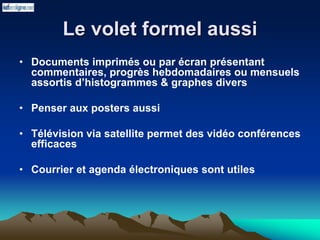 Le volet formel aussi
• Documents imprimés ou par écran présentant
commentaires, progrès hebdomadaires ou mensuels
assortis d’histogrammes & graphes divers
• Penser aux posters aussi
• Télévision via satellite permet des vidéo conférences
efficaces
• Courrier et agenda électroniques sont utiles
 