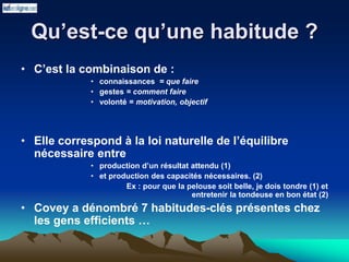 Qu’est-ce qu’une habitude ?
• C’est la combinaison de :
• connaissances = que faire
• gestes = comment faire
• volonté = motivation, objectif
• Elle correspond à la loi naturelle de l’équilibre
nécessaire entre
• production d’un résultat attendu (1)
• et production des capacités nécessaires. (2)
Ex : pour que la pelouse soit belle, je dois tondre (1) et
entretenir la tondeuse en bon état (2)
• Covey a dénombré 7 habitudes-clés présentes chez
les gens efficients …
 