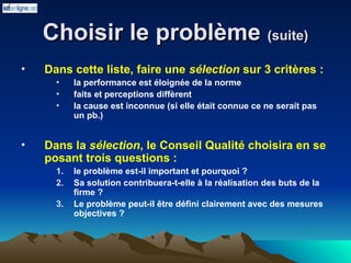 Choisir le problème
Choisir le problème (suite)
(suite)
• Dans cette liste, faire une sélection sur 3 critères :
• la performance est éloignée de la norme
• faits et perceptions diffèrent
• la cause est inconnue (si elle était connue ce ne serait pas
un pb.)
• Dans la sélection, le Conseil Qualité choisira en se
posant trois questions :
1. le problème est-il important et pourquoi ?
2. Sa solution contribuera-t-elle à la réalisation des buts de la
firme ?
3. Le problème peut-il être défini clairement avec des mesures
objectives ?
 