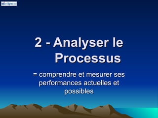 2 - Analyser le
2 - Analyser le
Processus
Processus
= comprendre et mesurer ses
= comprendre et mesurer ses
performances actuelles et
performances actuelles et
possibles
possibles
 