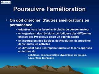 Poursuivre l’amélioration
Poursuivre l’amélioration
• On doit chercher d’autres améliorations en
permanence
• orientées vers les besoins évolutifs du consommateur
• en organisant des révisions périodiques des différentes
phases des Processus selon un agenda stable
• en incorporant des Equipes de Résolution de problème
dans toutes les activités
• en diffusant dans l’entreprise toutes les leçons apprises
en termes de
• solutions, communication, dynamique de groupe,
savoir faire technique
 