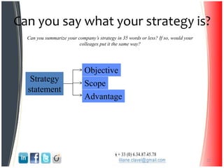 Can you say what your strategy is?
22
Can you summarize your company’s strategy in 35 words or less? If so, would your
colleages put it the same way?
Strategy
statement
Objective
Scope
Advantage
 