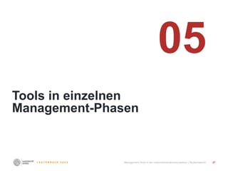 27
Tools in einzelnen
Management-Phasen
05
Management-Tools in der Unternehmenskommunikation | Studienbericht
 