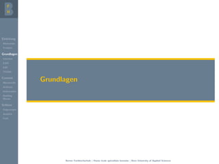 Einleitung
Motivation
Problem
Grundlagen
Literatur
EAM
EAF
TOGAF
Content
Metamodel
Artifacts
Deliverables
Building
Blocks
Schluss
Folgerungen
Ausblick
Fazit
Grundlagen
Berner Fachhochschule | Haute ´ecole sp´ecialis´ee bernoise | Bern University of Applied Sciences
 