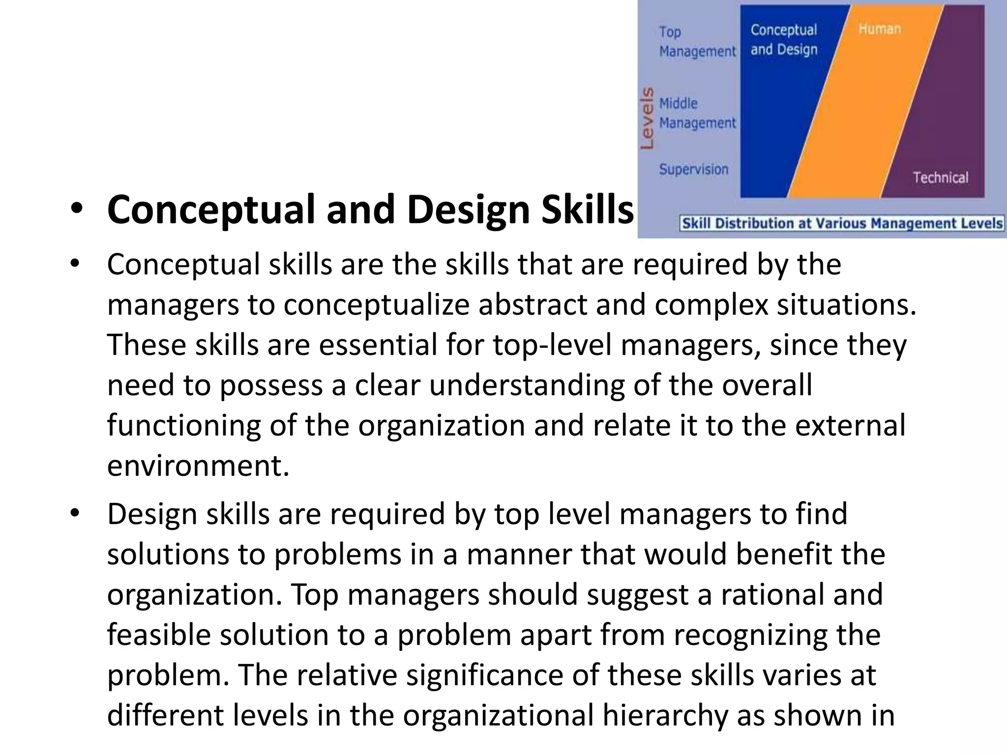 • Conceptual and Design Skills
• Conceptual skills are the skills that are required by the
managers to conceptualize abstract and complex situations.
These skills are essential for top-level managers, since they
need to possess a clear understanding of the overall
functioning of the organization and relate it to the external
environment.
• Design skills are required by top level managers to find
solutions to problems in a manner that would benefit the
organization. Top managers should suggest a rational and
feasible solution to a problem apart from recognizing the
problem. The relative significance of these skills varies at
different levels in the organizational hierarchy as shown in
 