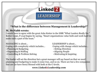 www.Linked2Leadership.com
“What is the difference between Management & Leadership?”
M. McNabb wrote:
I would have to agree with the great John Kotter in the HBR "What Leaders Really Do."
Kotter (1990, P.104) begins by saying, "Smart organizations value both and work hard to
make each a part of the team."
MANAGING is about... LEADERSHIP is about…
Coping with complexity which includes... Coping with change which includes…
~Planning & Budgeting ~Setting Direction
~Organizing & Staffing ~Aligning People
~Controlling & Problem Solving ~Motivating & Inspiring
The leader will set the direction but a great manager will say based on that we need
planning and budgeting to make it come true, and so on. There are but a few companies
that are (or have been) blessed with both at the C-levels.
 