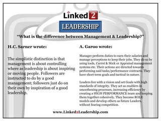 www.Linked2Leadership.com
“What is the difference between Management & Leadership?”
H.C. Sarner wrote:
The simplistic distinction is that
management is about controlling
where as leadership is about inspiring
or moving people. Followers are
instructed to do by a good
management; followers just do on
their own by inspiration of a good
leadership.
A. Garoo wrote:
Manager perform duties to earn their salaries and
manage perceptions to keep their jobs. They do so by
using tools, Carrot & Stick or Appraisal management
systems etc. Their actions are directed towards
performing said tasks/performance contracts. They
have short term goals and tactical in nature.
Leaders live with a vision and set Goals with high
standards of integrity. They act as enablers in
smoothening processes, increasing efficiency by
creating a HIGH PERFORMANCE team and keeping
them together cohesively. They become ROLE
models and develop others as future Leaders,
without fearing competition.
 