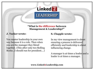 www.Linked2Leadership.com
“What is the difference between
Management & Leadership?”
J. Tucker wrote:
You master leadership in your own
way because it is a role. Then when
you are the manager they blend
together. (This after only two Rolling
Rocks...I should run for president....)
S. Chapple wrote:
In my view management is about
ensuring a process is delivered
efficiently and leadership is about
influencing change.
A manager is at times a leader and a
leader is at times a manager.
 