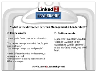 www.Linked2Leadership.com
“What is the difference between Management & Leadership?”
D. Carey wrote:
Let me quote Grace Hopper in this matter.
"You cannot manage a man into battle, you
must lead him."
"You manage things, you lead people."
We the differentiator is a leader serves, a
manager is served.
Men will follow a leader; but no one will
follow a manager.
D. Cottone wrote:
Managers "maintain", leaders
"change". At least in my
experience. And in order to
make anything work, you need
both.
 