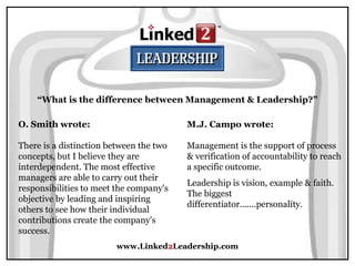 www.Linked2Leadership.com
“What is the difference between Management & Leadership?”
O. Smith wrote:
There is a distinction between the two
concepts, but I believe they are
interdependent. The most effective
managers are able to carry out their
responsibilities to meet the company's
objective by leading and inspiring
others to see how their individual
contributions create the company's
success.
M.J. Campo wrote:
Management is the support of process
& verification of accountability to reach
a specific outcome.
Leadership is vision, example & faith.
The biggest
differentiator.......personality.
 