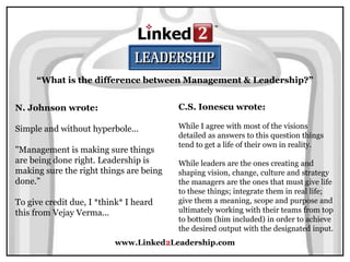 www.Linked2Leadership.com
“What is the difference between Management & Leadership?”
N. Johnson wrote:
Simple and without hyperbole...
"Management is making sure things
are being done right. Leadership is
making sure the right things are being
done."
To give credit due, I *think* I heard
this from Vejay Verma...
C.S. Ionescu wrote:
While I agree with most of the visions
detailed as answers to this question things
tend to get a life of their own in reality.
While leaders are the ones creating and
shaping vision, change, culture and strategy
the managers are the ones that must give life
to these things; integrate them in real life;
give them a meaning, scope and purpose and
ultimately working with their teams from top
to bottom (him included) in order to achieve
the desired output with the designated input.
 