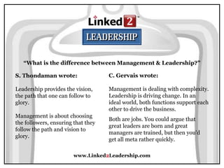 www.Linked2Leadership.com
“What is the difference between Management & Leadership?”
S. Thondaman wrote:
Leadership provides the vision,
the path that one can follow to
glory.
Management is about choosing
the followers, ensuring that they
follow the path and vision to
glory.
C. Gervais wrote:
Management is dealing with complexity.
Leadership is driving change. In an
ideal world, both functions support each
other to drive the business.
Both are jobs. You could argue that
great leaders are born and great
managers are trained, but then you'd
get all meta rather quickly.
 