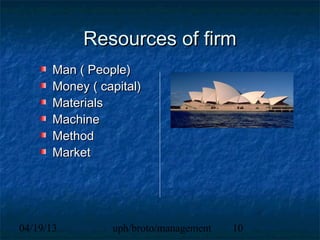 Resources of firm
       Man ( People)
       Money ( capital)
       Materials
       Machine
       Method
       Market




04/19/13         uph/broto/management   10
 