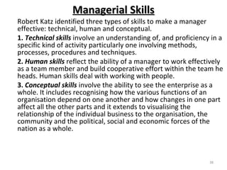38
Managerial Skills
Managerial Skills
Robert Katz identified three types of skills to make a manager
effective: technical, human and conceptual.
1. Technical skills involve an understanding of, and proficiency in a
specific kind of activity particularly one involving methods,
processes, procedures and techniques.
2. Human skills reflect the ability of a manager to work effectively
as a team member and build cooperative effort within the team he
heads. Human skills deal with working with people.
3. Conceptual skills involve the ability to see the enterprise as a
whole. It includes recognising how the various functions of an
organisation depend on one another and how changes in one part
affect all the other parts and it extends to visualising the
relationship of the individual business to the organisation, the
community and the political, social and economic forces of the
nation as a whole.
 