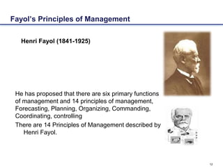 12
Fayol’s Principles of Management
Henri Fayol (1841-1925)
He has proposed that there are six primary functions
of management and 14 principles of management,
Forecasting, Planning, Organizing, Commanding,
Coordinating, controlling
There are 14 Principles of Management described by
Henri Fayol.
 