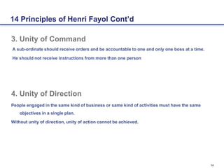 14
14 Principles of Henri Fayol Cont’d
3. Unity of Command
A sub-ordinate should receive orders and be accountable to one and only one boss at a time.
He should not receive instructions from more than one person
4. Unity of Direction
People engaged in the same kind of business or same kind of activities must have the same
objectives in a single plan.
Without unity of direction, unity of action cannot be achieved.
 