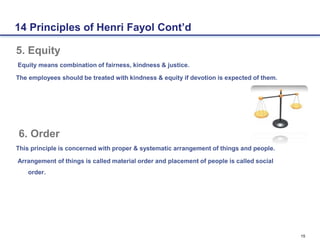 15
5. Equity
Equity means combination of fairness, kindness & justice.
The employees should be treated with kindness & equity if devotion is expected of them.
6. Order
This principle is concerned with proper & systematic arrangement of things and people.
Arrangement of things is called material order and placement of people is called social
order.
14 Principles of Henri Fayol Cont’d
 