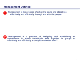 5
Management is the process of achieving goals and objectives
effectively and efficiently through and with the people.
Management Defined
"Management is a process of designing and maintaining an
environment in which individuals work together in groups to
effectively and efficiently accomplish selected aims".
1
2
 