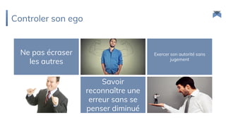 Controler son ego
Ne pas écraser
les autres
Savoir
reconnaître une
erreur sans se
penser diminué
Exercer son autorité sans
jugement
 