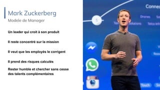 Mark Zuckerberg
Modele de Manager
Un leader qui croit à son produit
Il reste concentré sur la mission
Il veut que les employés le corrigent
Il prend des risques calculés
Rester humble et chercher sans cesse
des talents complémentaires
 