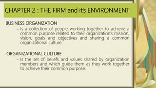 CHAPTER 2 : THE FIRM and it’s ENVIRONMENT
BUSINESS ORGANIZATION
• Is a collection of people working together to achieve a
common purpose related to their organization’s mission,
vision, goals and objectives and sharing a common
organizational culture.
ORGANIZATIONAL CULTURE
• Is the set of beliefs and values shared by organization
members and which guide them as they work together
to achieve their common purpose.
 