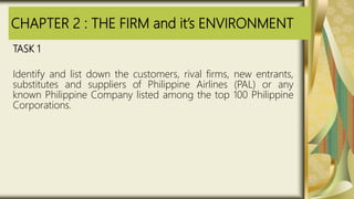 CHAPTER 2 : THE FIRM and it’s ENVIRONMENT
TASK 1
Identify and list down the customers, rival firms, new entrants,
substitutes and suppliers of Philippine Airlines (PAL) or any
known Philippine Company listed among the top 100 Philippine
Corporations.
 