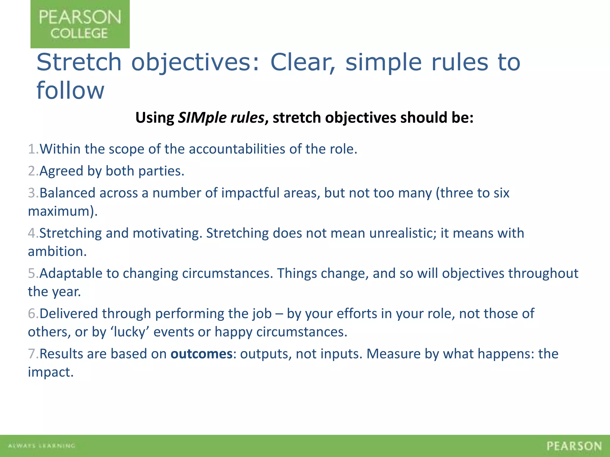 Stretch objectives: Clear, simple rules to 
follow 
Using SIMple rules, stretch objectives should be: 
1.Within the scope of the accountabilities of the role. 
2.Agreed by both parties. 
3.Balanced across a number of impactful areas, but not too many (three to six 
maximum). 
4.Stretching and motivating. Stretching does not mean unrealistic; it means with 
ambition. 
5.Adaptable to changing circumstances. Things change, and so will objectives throughout 
the year. 
6.Delivered through performing the job – by your efforts in your role, not those of 
others, or by ‘lucky’ events or happy circumstances. 
7.Results are based on outcomes: outputs, not inputs. Measure by what happens: the 
impact. 
 