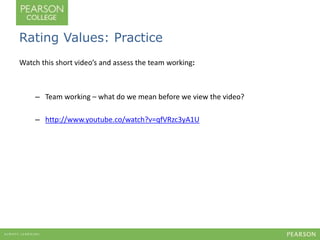 Rating Values: Practice 
Watch this short video’s and assess the team working: 
– Team working – what do we mean before we view the video? 
– http://www.youtube.co/watch?v=qfVRzc3yA1U 
 