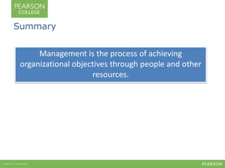 Summary 
Management is the process of achieving 
organizational objectives through people and other 
resources. 
 