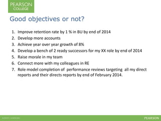 Good objectives or not? 
1. Improve retention rate by 1 % in BU by end of 2014 
2. Develop more accounts 
3. Achieve year ...