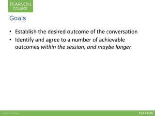 Goals 
• Establish the desired outcome of the conversation 
• Identify and agree to a number of achievable 
outcomes within the session, and maybe longer 
 