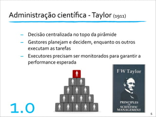 1.0 6
- Decisão	
  centralizada	
  no	
  topo	
  da	
  pirâmide	
  
- Gestores	
  planejam	
  e	
  decidem,	
  enquanto	
  os	
  outros	
  
executam	
  as	
  tarefas	
  
- Executores	
  precisam	
  ser	
  monitorados	
  para	
  garantir	
  a	
  
performance	
  esperada	
  
Administração	
  cientíﬁca	
  -­‐	
  Taylor	
  (1911)
 