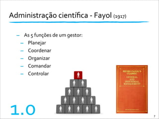 1.0 7
- As	
  5	
  funções	
  de	
  um	
  gestor:	
  
- Planejar	
  
- Coordenar	
  
- Organizar	
  
- Comandar	
  
- Controlar	
  
!
Administração	
  cientíﬁca	
  -­‐	
  Fayol	
  (1917)
 
