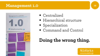 NüWorks
www.nuworks.jp
12Management 1.0
§  Centralized
§  Hierarchical structure
§  Specialization
§  Command and Control
Doing the wrong thing.
 