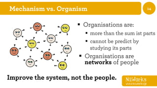 NüWorks
www.nuworks.jp
14Mechanism vs. Organism
§  Organisations are
networks of people
Improve the system, not the people.
§  Organisations are:
§  more than the sum ist parts
§  cannot be predict by
studying its parts
 