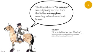 NüWorks
www.nuworks.jp
2
The English verb “to manage”
was originally derived from
the Italian maneggiare,
meaning to handle and train
horses.
source:
“Bramble Bushes in a Thicket”,
http://cognia.com.au/Links%20and%20Vids/assets/
52_Bramble_Bushes_in_a_Thicket.pdf
 