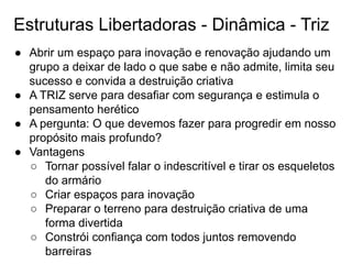 Estruturas Libertadoras - Dinâmica - Triz
● Abrir um espaço para inovação e renovação ajudando um
grupo a deixar de lado o que sabe e não admite, limita seu
sucesso e convida a destruição criativa
● A TRIZ serve para desafiar com segurança e estimula o
pensamento herético
● A pergunta: O que devemos fazer para progredir em nosso
propósito mais profundo?
● Vantagens
○ Tornar possível falar o indescritível e tirar os esqueletos
do armário
○ Criar espaços para inovação
○ Preparar o terreno para destruição criativa de uma
forma divertida
○ Constrói confiança com todos juntos removendo
barreiras
 