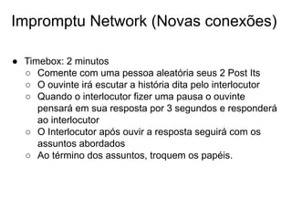 Impromptu Network (Novas conexões)
● Timebox: 2 minutos
○ Comente com uma pessoa aleatória seus 2 Post Its
○ O ouvinte irá escutar a história dita pelo interlocutor
○ Quando o interlocutor fizer uma pausa o ouvinte
pensará em sua resposta por 3 segundos e responderá
ao interlocutor
○ O Interlocutor após ouvir a resposta seguirá com os
assuntos abordados
○ Ao término dos assuntos, troquem os papéis.
 