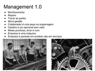 Management 1.0
● Monitoramento
● Reparo
● Trocar as partes
● Micro-gestão
● Colaborador é uma peça na engrenagem
● Cérebro é um opcional sem valor
● Metas punitivas, errar é ruim
● Empresa é uma máquina
● Empresa é pautada em produto não em serviços
 