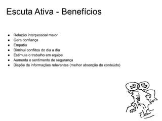 Escuta Ativa - Benefícios
● Relação interpessoal maior
● Gera confiança
● Empatia
● Diminui conflitos do dia a dia
● Estimula o trabalho em equipe
● Aumenta o sentimento de segurança
● Dispõe de informações relevantes (melhor absorção do conteúdo)
 