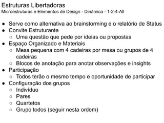 Estruturas Libertadoras
Microestruturas e Elementos de Design - Dinâmica - 1-2-4-All
● Serve como alternativa ao brainstorming e o relatório de Status
● Convite Estruturante
○ Uma questão que pede por ideias ou propostas
● Espaço Organizado e Materiais
○ Mesa pequena com 4 cadeiras por mesa ou grupos de 4
cadeiras
○ Blocos de anotação para anotar observações e insights
● Participação
○ Todos terão o mesmo tempo e oportunidade de participar
● Configuração dos grupos
○ Indivíduo
○ Pares
○ Quartetos
○ Grupo todos (seguir nesta ordem)
 