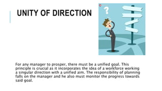 UNITY OF DIRECTION
For any manager to prosper, there must be a unified goal. This
principle is crucial as it incorporates the idea of a workforce working
a singular direction with a unified aim. The responsibility of planning
falls on the manager and he also must monitor the progress towards
said goal.
 
