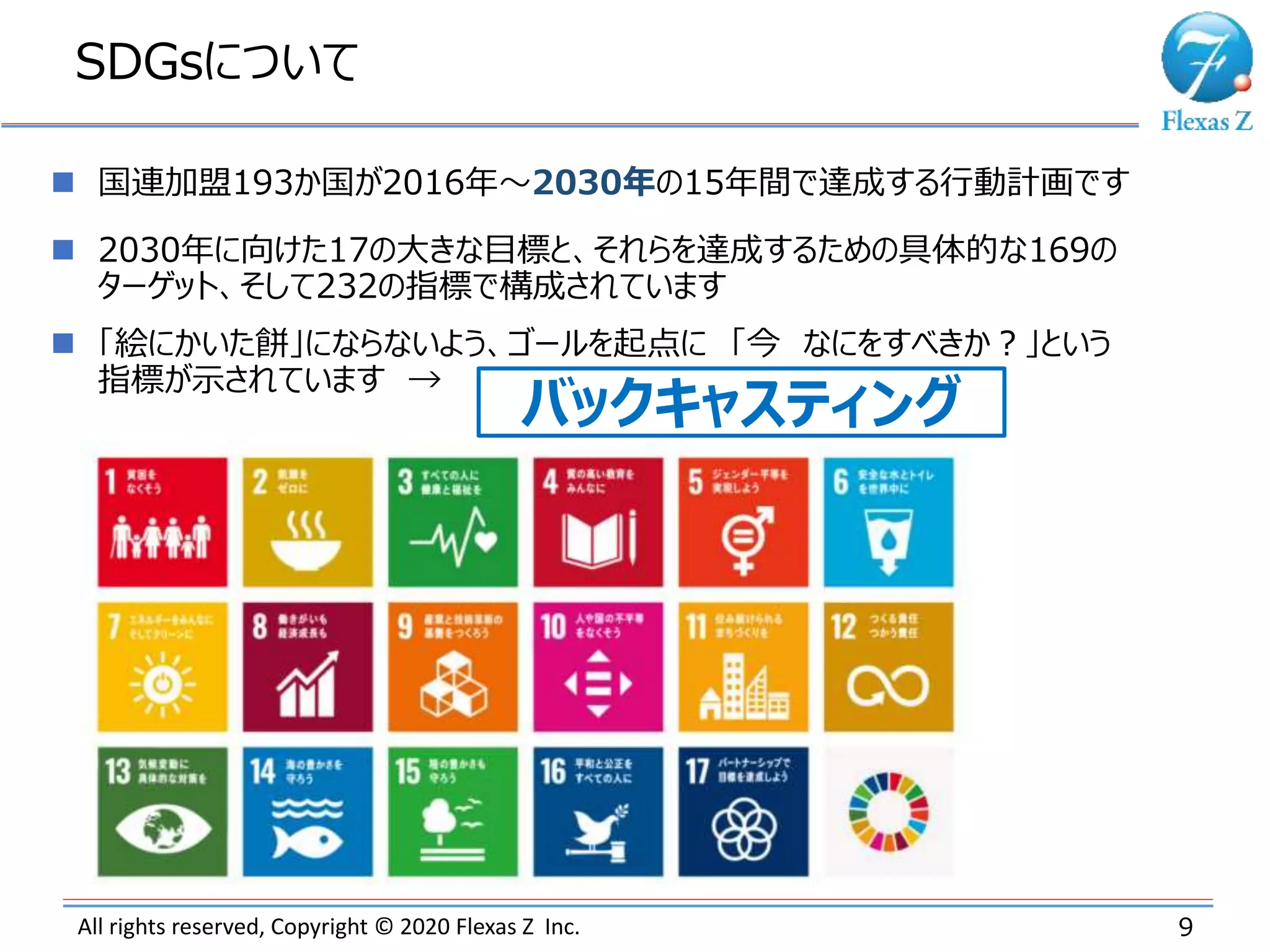 All rights reserved, Copyright © 2020 Flexas Z Inc.
SDGsについて
9
 国連加盟193か国が2016年～2030年の15年間で達成する行動計画です
 2030年に向けた17の大きな目標と、それらを達成するための具体的な169の
ターゲット、そして232の指標で構成されています
 「絵にかいた餅」にならないよう、ゴールを起点に 「今 なにをすべきか？」という
指標が示されています →
バックキャスティング
 