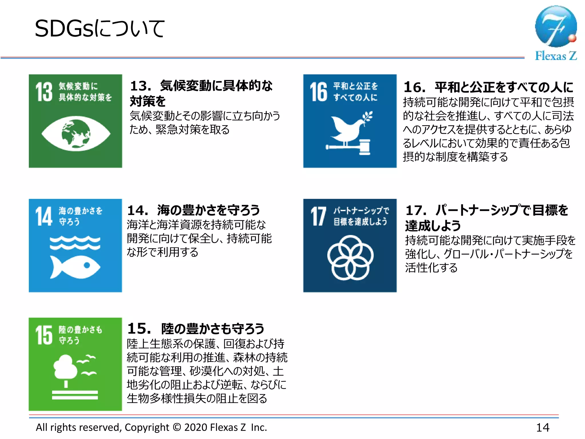 All rights reserved, Copyright © 2020 Flexas Z Inc.
SDGsについて
14
13．気候変動に具体的な
対策を
気候変動とその影響に立ち向かう
ため、緊急対策を取る
14．海の豊かさを守ろう
海洋と海洋資源を持続可能な
開発に向けて保全し、持続可能
な形で利用する
15．陸の豊かさも守ろう
陸上生態系の保護、回復および持
続可能な利用の推進、森林の持続
可能な管理、砂漠化への対処、土
地劣化の阻止および逆転、ならびに
生物多様性損失の阻止を図る
16．平和と公正をすべての人に
持続可能な開発に向けて平和で包摂
的な社会を推進し、すべての人に司法
へのアクセスを提供するとともに、あらゆ
るレベルにおいて効果的で責任ある包
摂的な制度を構築する
17．パートナーシップで目標を
達成しよう
持続可能な開発に向けて実施手段を
強化し、グローバル・パートナーシップを
活性化する
 