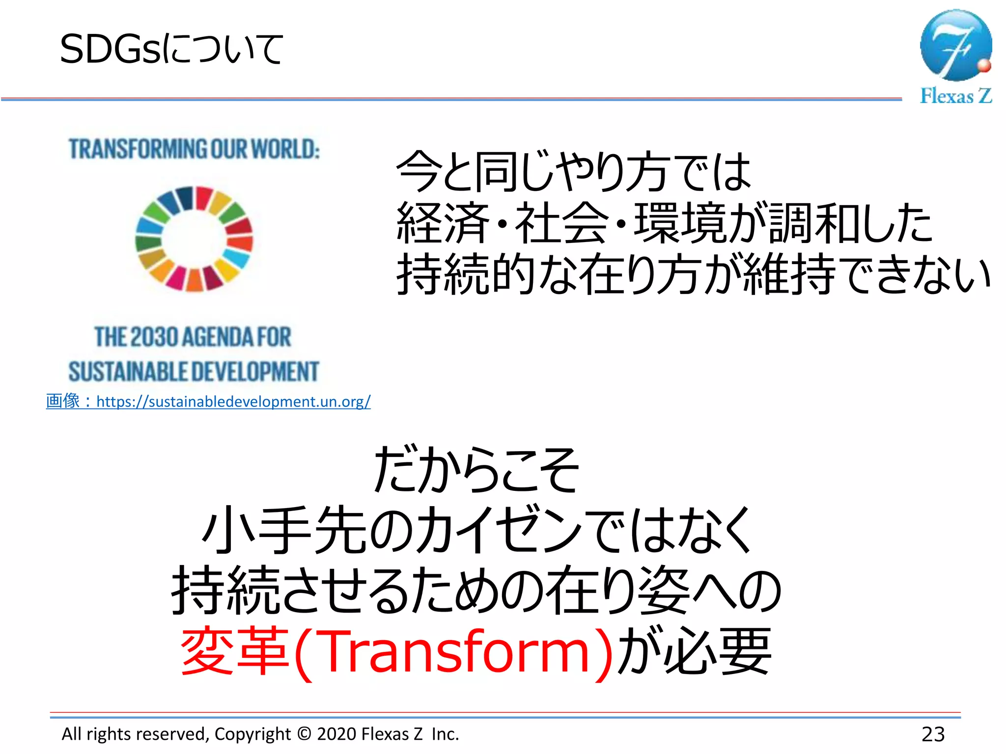 All rights reserved, Copyright © 2020 Flexas Z Inc.
SDGsについて
23
今と同じやり方では
経済・社会・環境が調和した
持続的な在り方が維持できない
だからこそ
小手先のカイゼンではなく
持続させるための在り姿への
変革(Transform)が必要
画像：https://sustainabledevelopment.un.org/
 