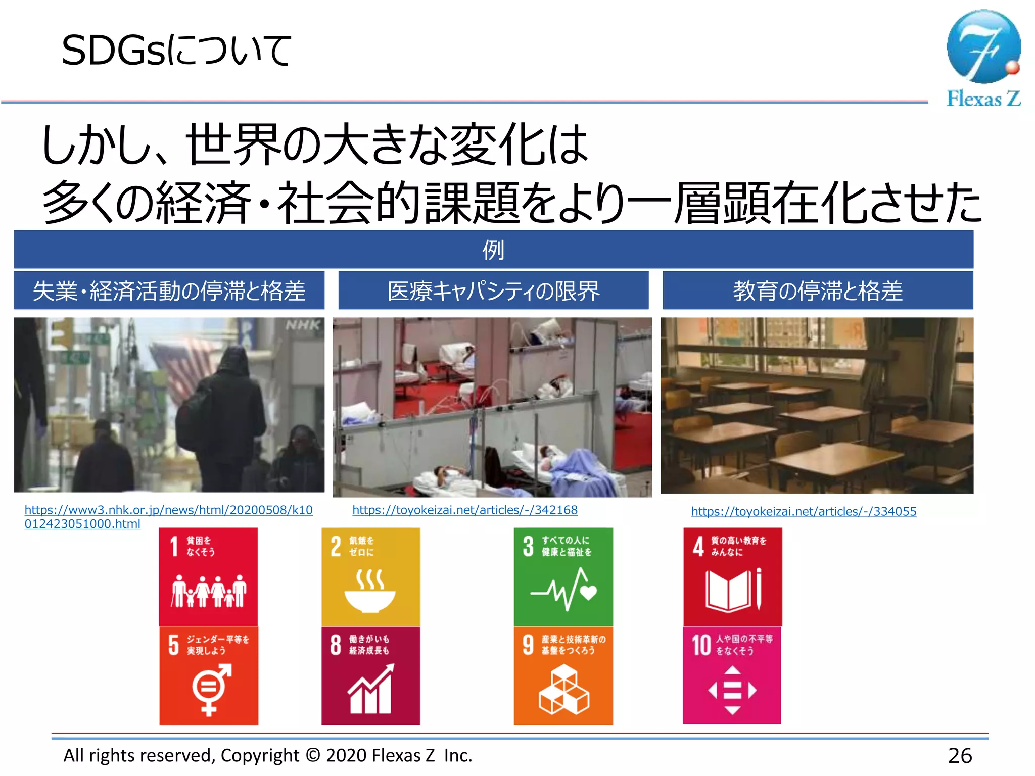 All rights reserved, Copyright © 2020 Flexas Z Inc.
SDGsについて
26
しかし、世界の大きな変化は
多くの経済・社会的課題をより一層顕在化させた
https://www3.nhk.or.jp/news/html/20200508/k10
012423051000.html
失業・経済活動の停滞と格差 医療キャパシティの限界
https://toyokeizai.net/articles/-/342168
教育の停滞と格差
例
https://toyokeizai.net/articles/-/334055
 